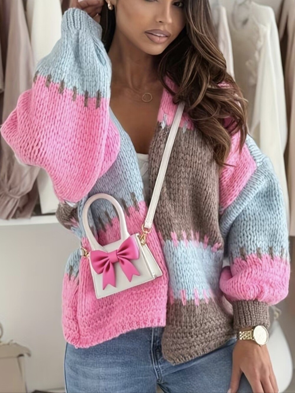 Women'S Color-Blocked Casual Cardigan Sweater, Loose, Soft, And Comfortable Jack